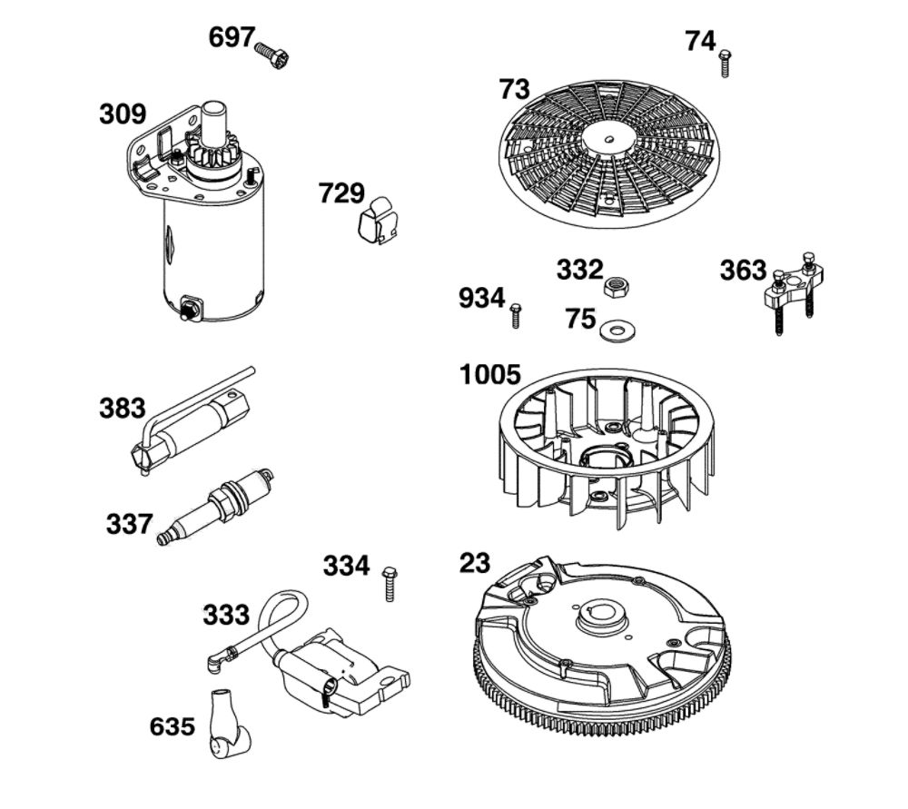 Flywheel/Ignition/Starter Diagram and Parts List for 44U877-0024-G1  Briggs and Stratton Engine